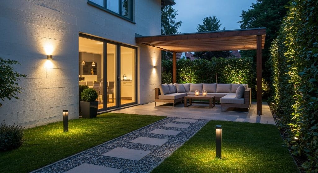 Outdoor,Photo,Of,Designer,House,Garden,With,Modern,Exterior,Lighting.