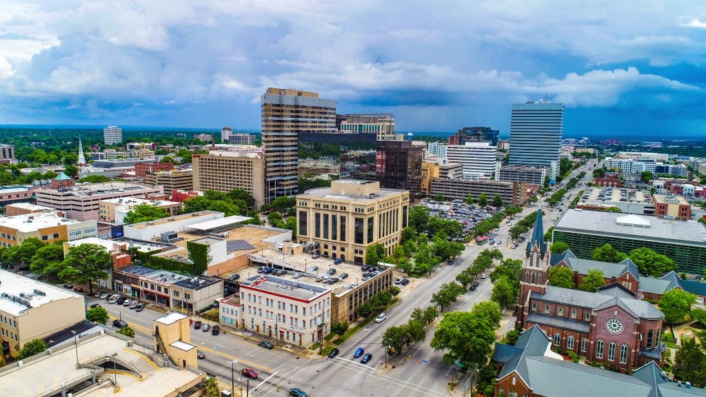 Drone,Aerial,Panorama,Of,Downtown,Columbia,South,Carolina,Sc.